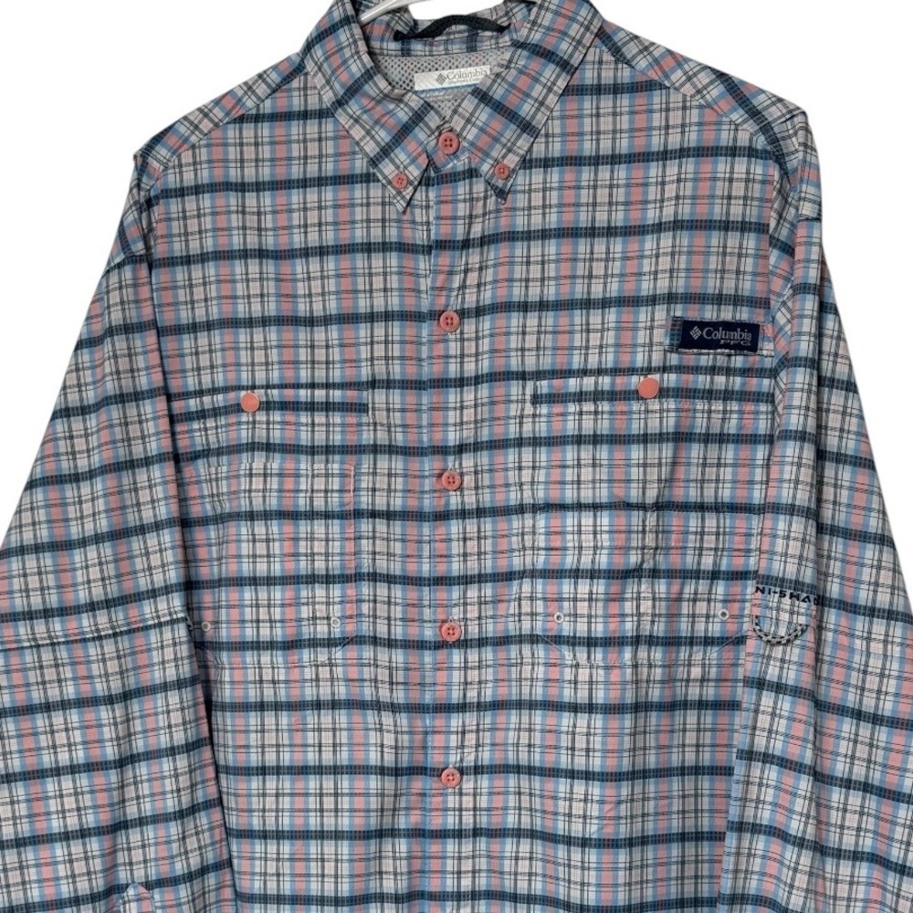 Columbia PFG Super Tamiami Shirt Mens Medium Blue Pink Plaid LS FM7187